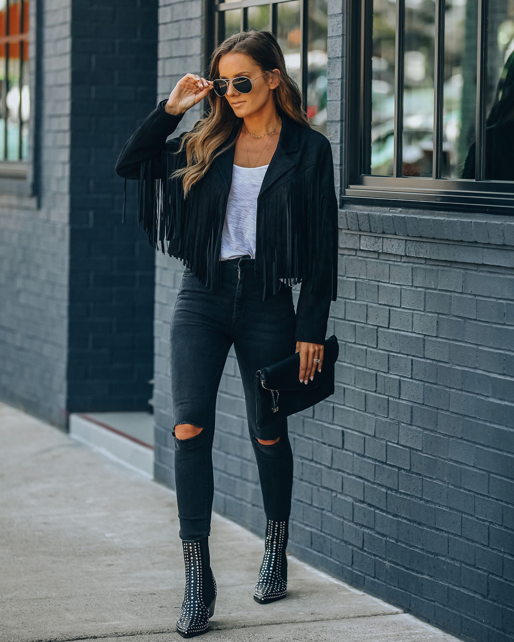 Walford Cropped Fringe Faux Suede Jacket - Black