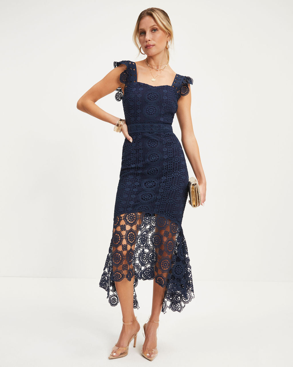 Dare To Be You Crochet Lace Ruffle Midi Dress - Navy