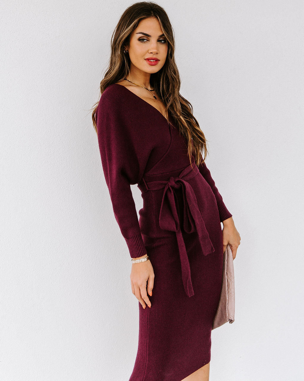 Yara Drape Knit Midi Sweater Dress - Plum
