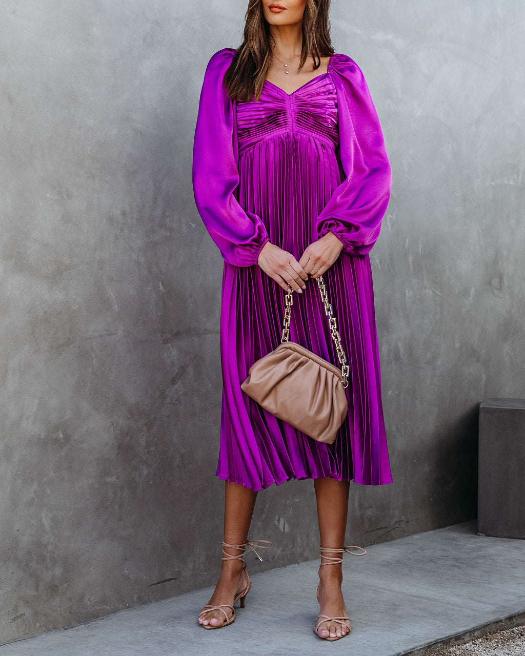 Romantic One Satin Pleated Midi Dress - Purple
