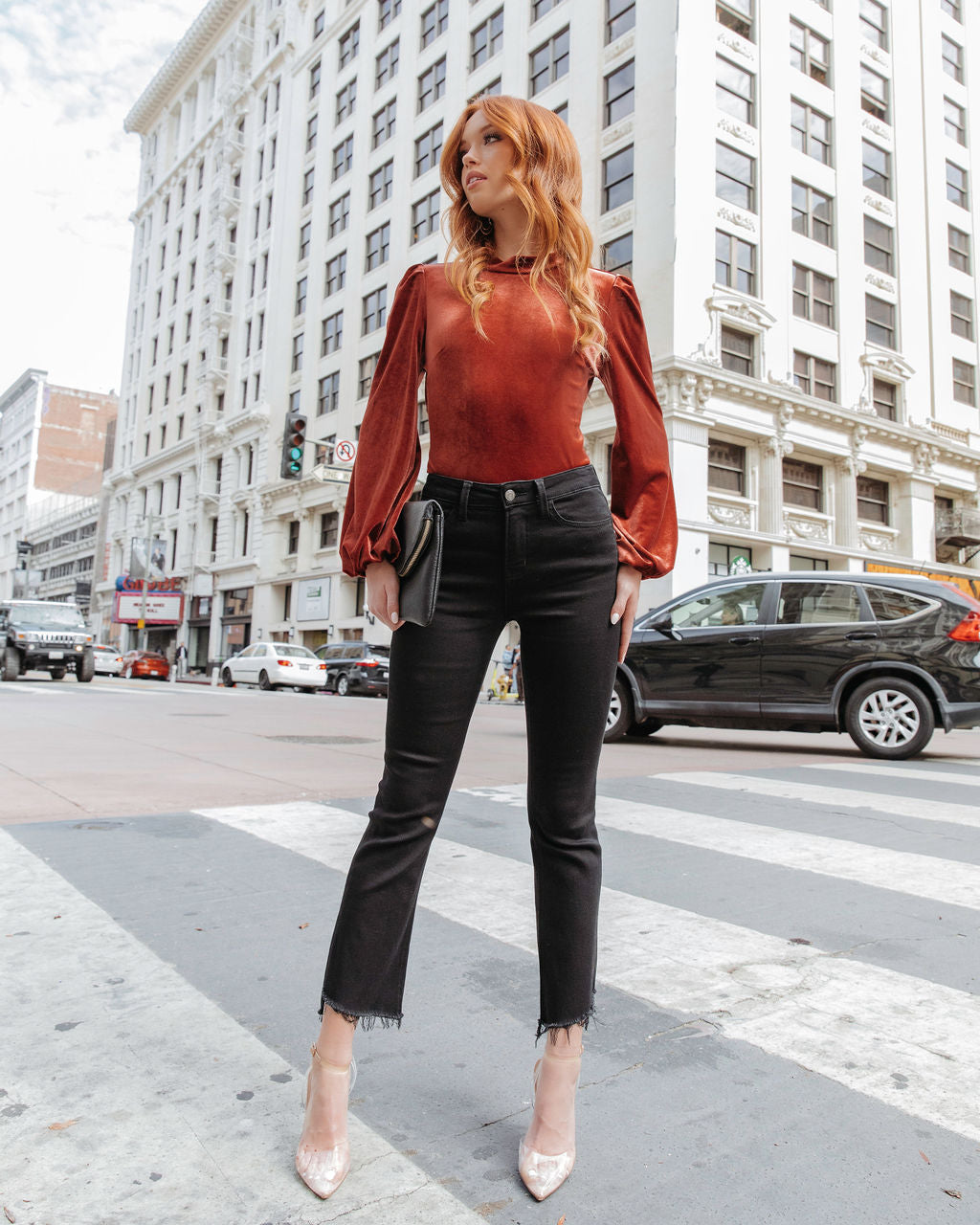 Levels Of Kindness Velvet Back Cutout Top - Rust