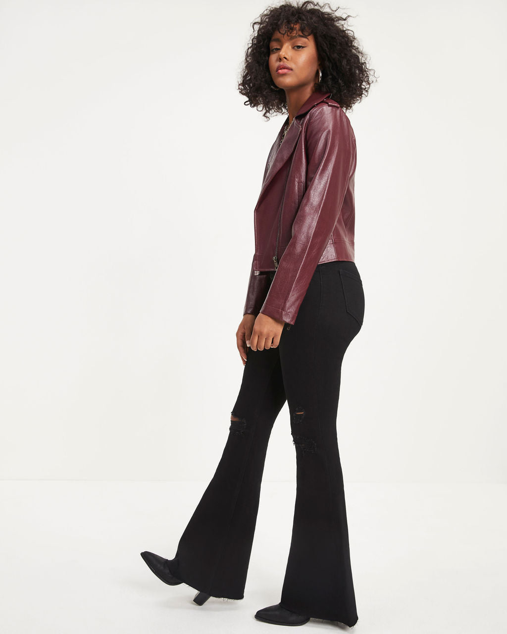 Jingle Bell Rock Pocketed Faux Leather Biker Jacket - Wine