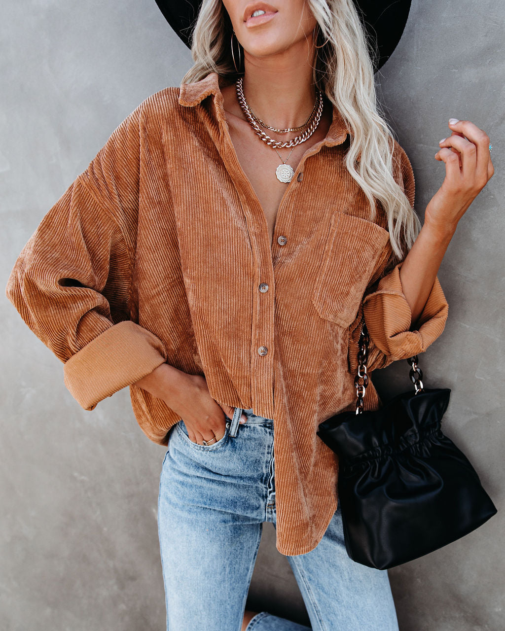 Kamryn Corduroy Button Down Pocket Top - Camel
