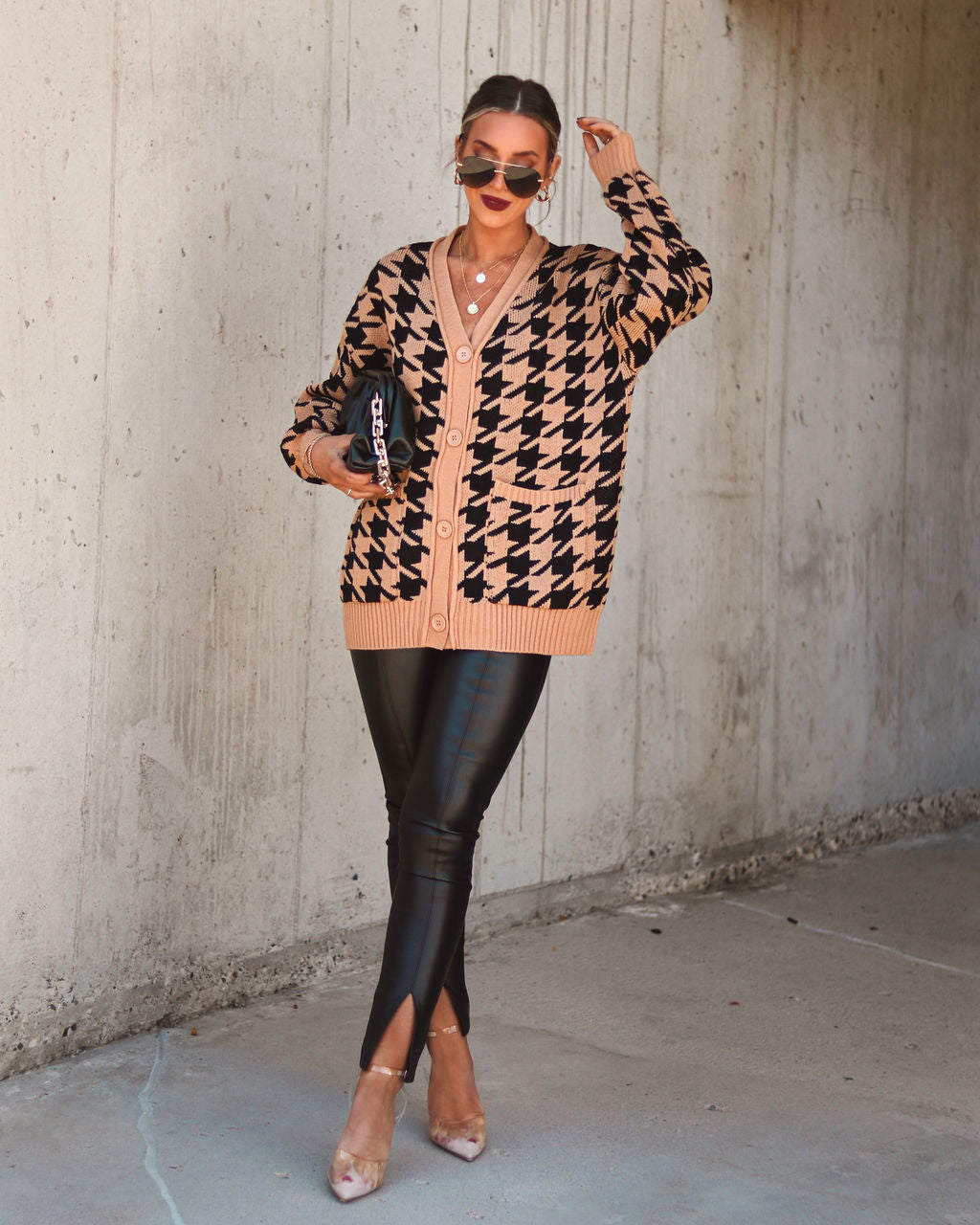 Parisian City Dreams Pocketed Houndstooth Cardigan