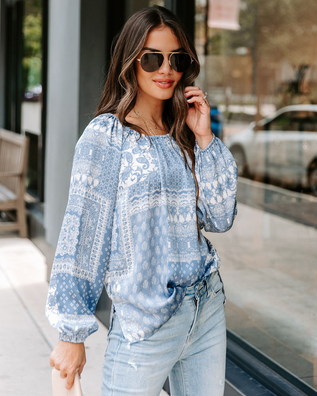 Donna Printed Cutout Top - Ash Blue - FINAL SALE