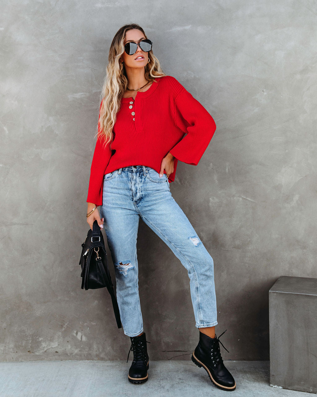 Shawn Ribbed Henley Top - Red - SALE