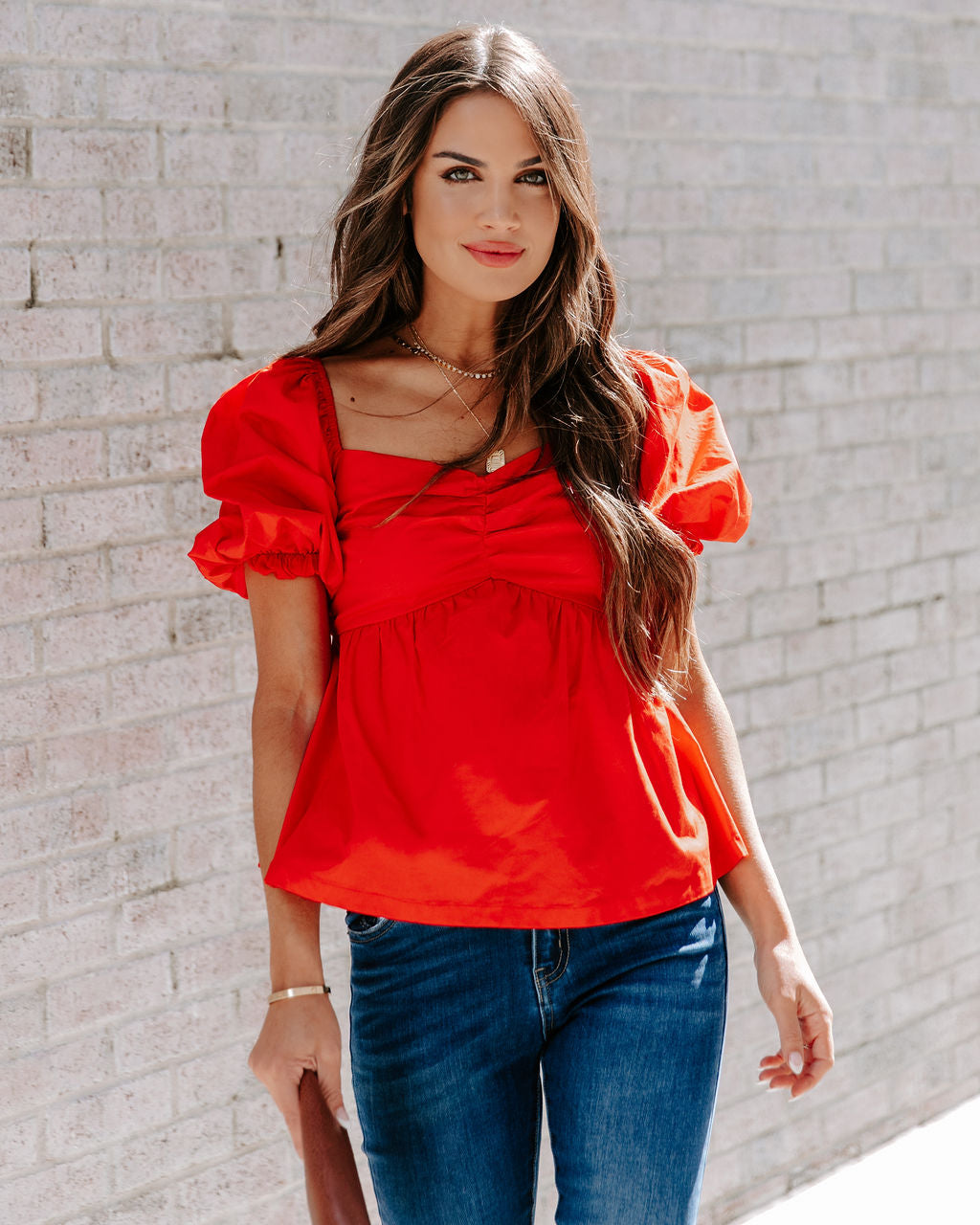 Carley Cotton Puff Sleeve Peplum Top - Red - SALE