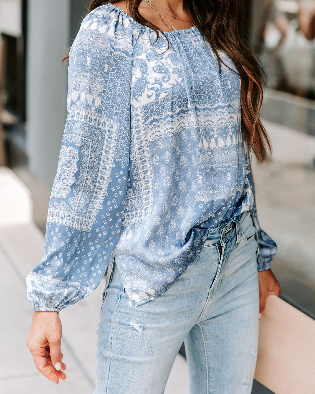 Donna Printed Cutout Top - Ash Blue - FINAL SALE