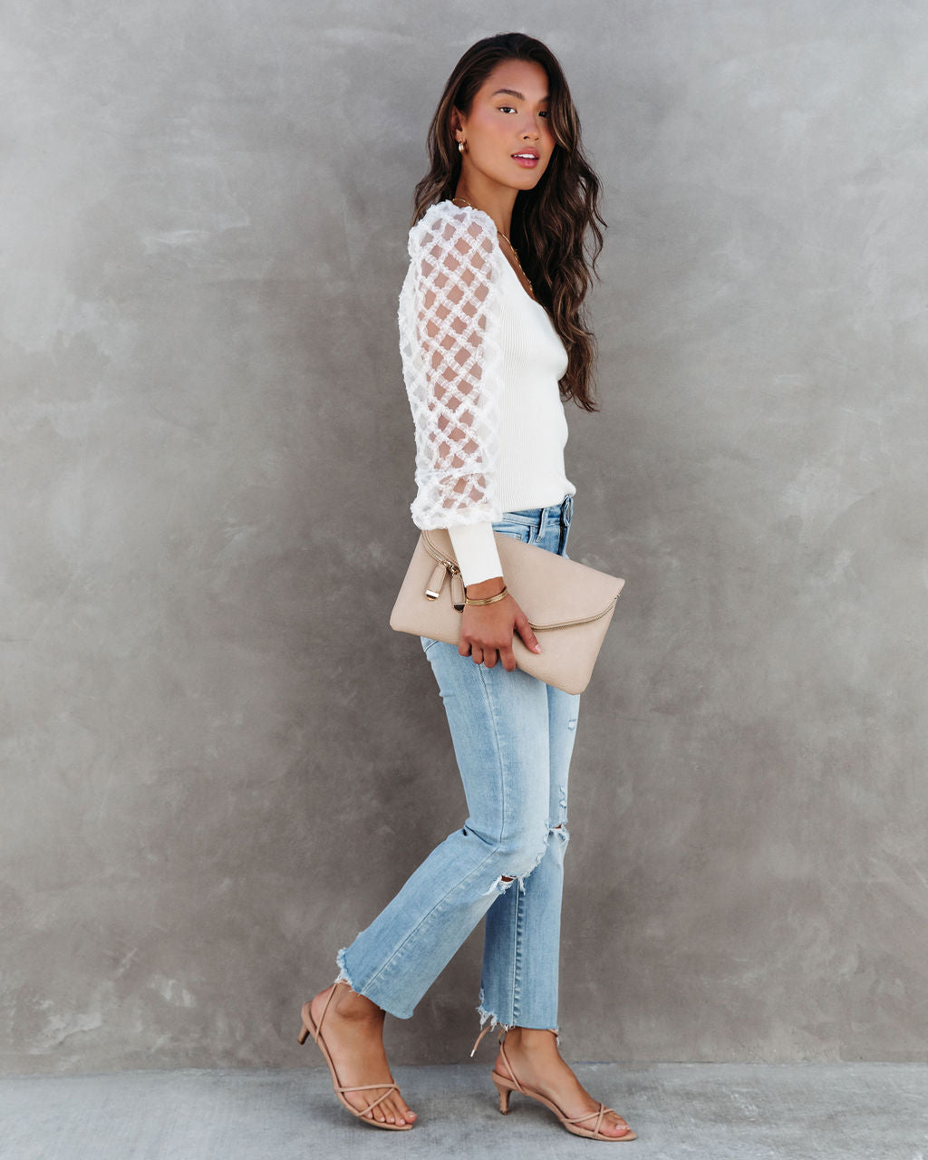 Super Fabulous Ribbed Tulle Contrast Top - Ivory - SALE