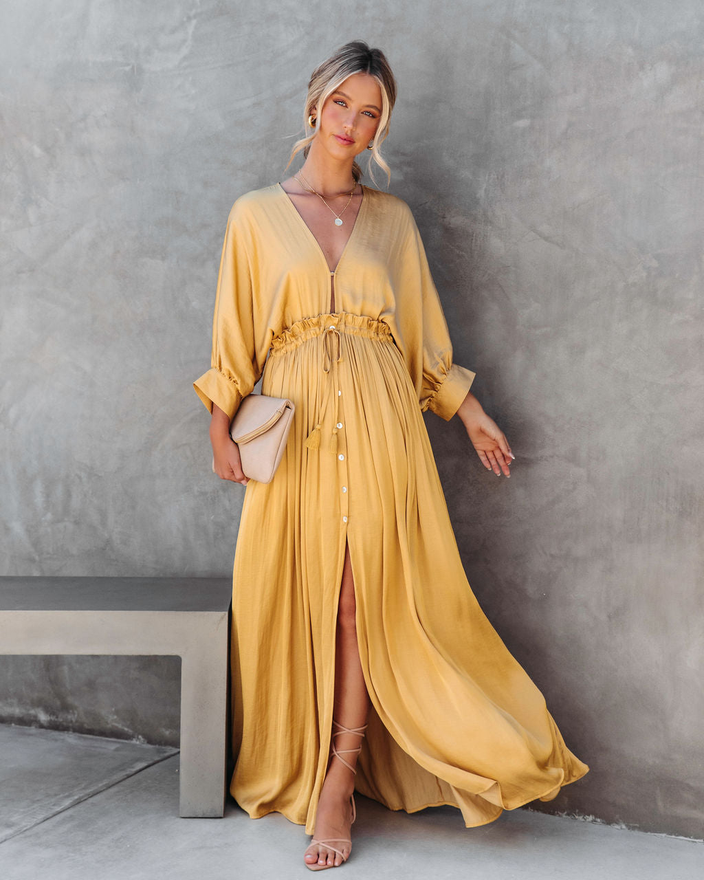 Good As Gold Satin Dolman Sleeve Maxi Dress - Marigold
