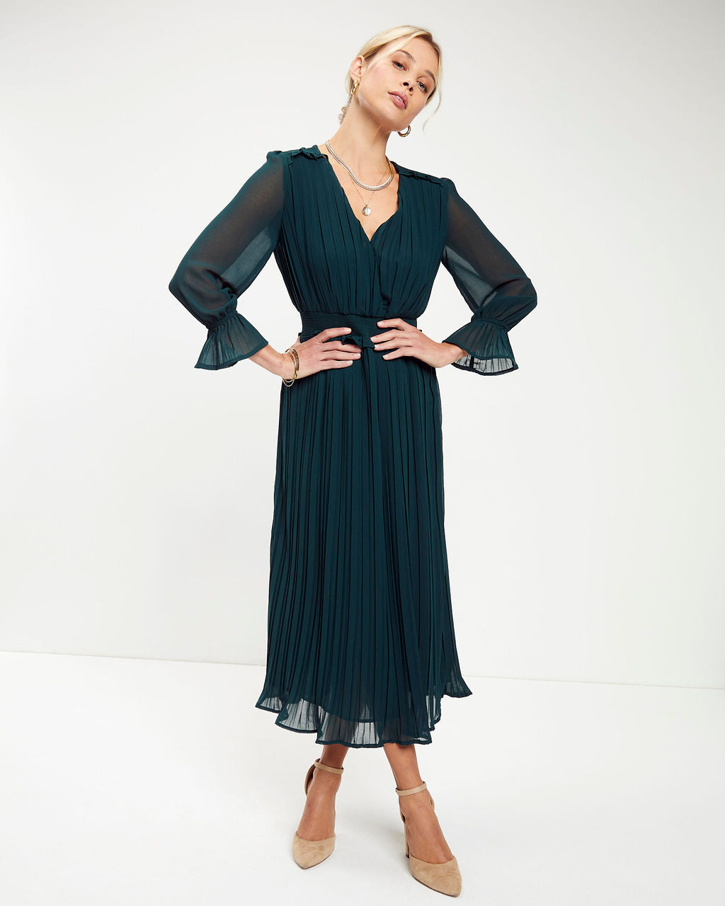Forest Romance Pleated Midi Dress - Hunter Green