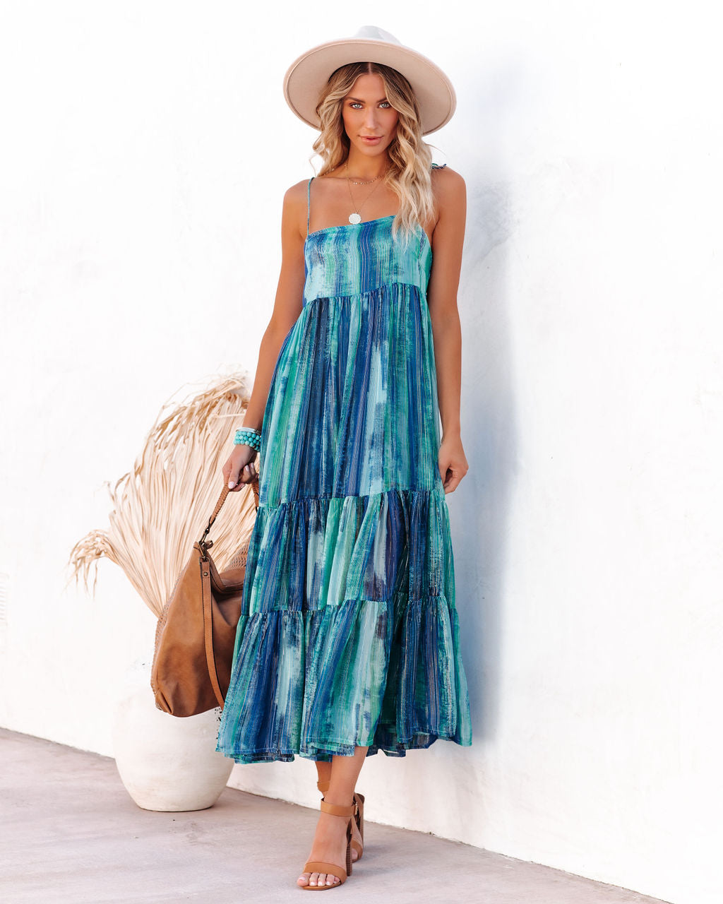 Waterdrop Tiered Shimmer Midi Dress - Blue Multi