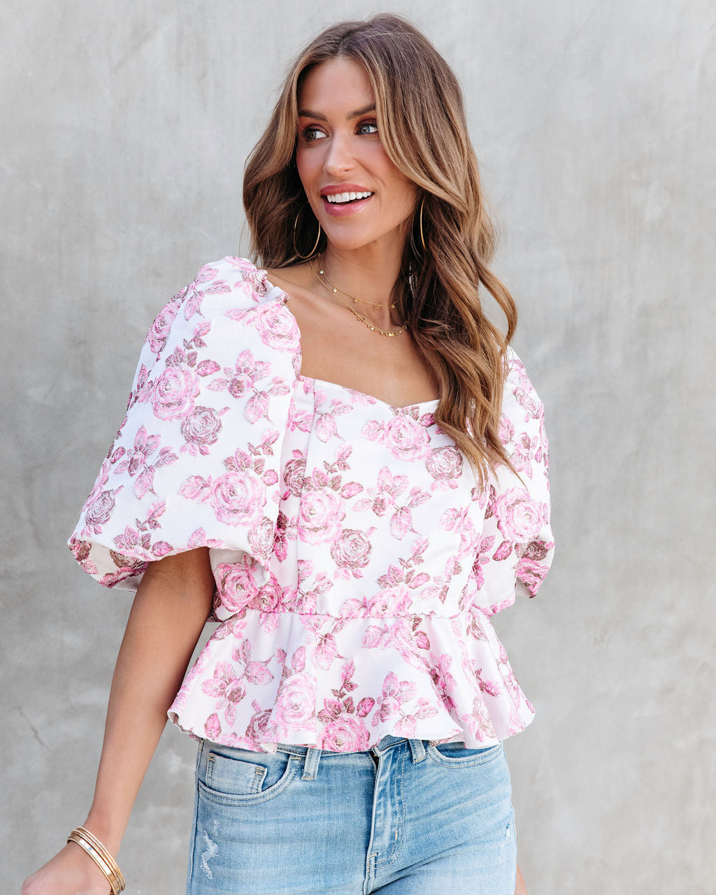 Katrina Floral Puff Sleeve Peplum Top