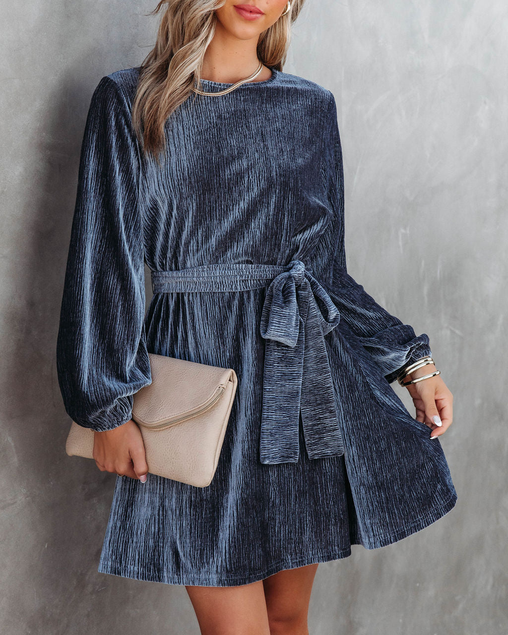 Harlyn Velvet Tie Dress - Grey