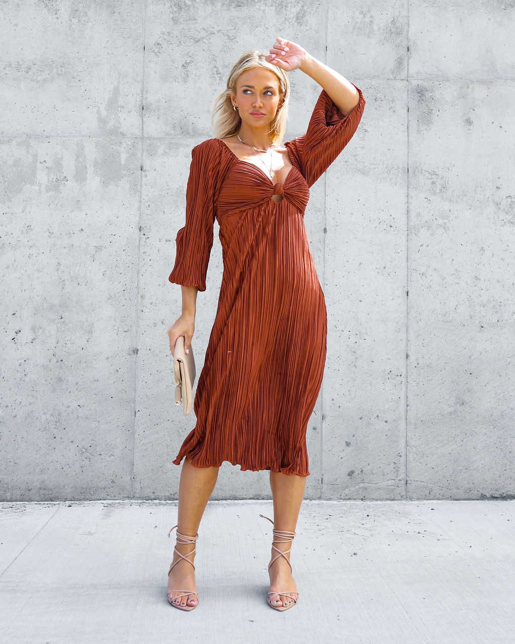 Very Impressed Plisse Cutout Midi Dress - Rust