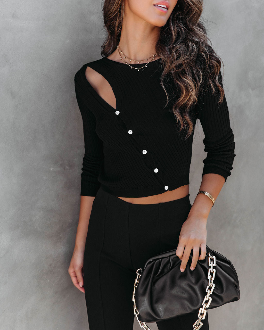 Look At Me Knit Cutout Long Sleeve Top - Black