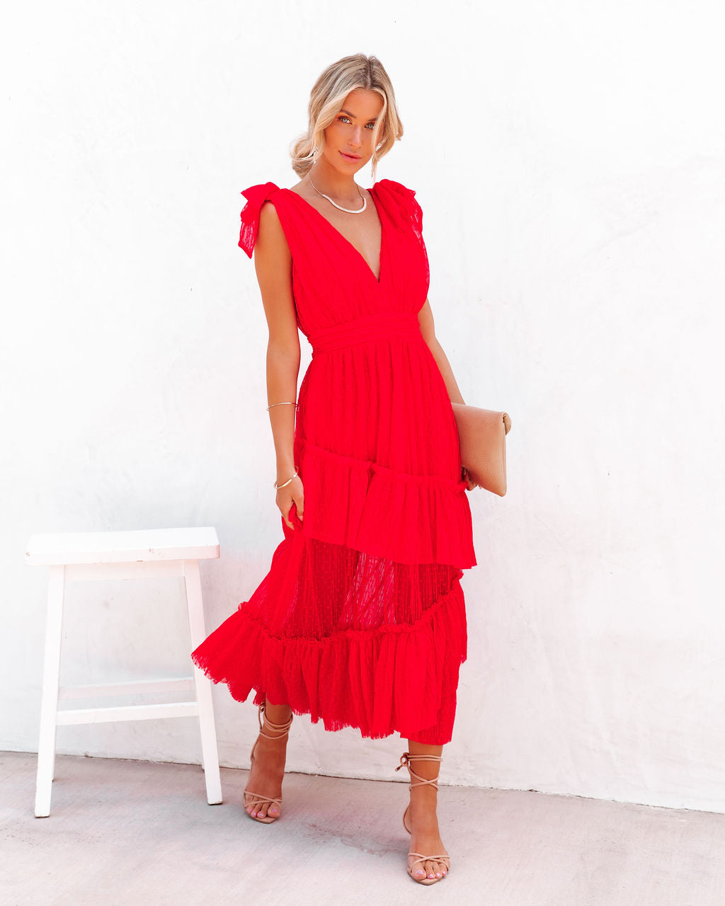 Carrie In Paris Tiered Tulle Midi Dress - Red