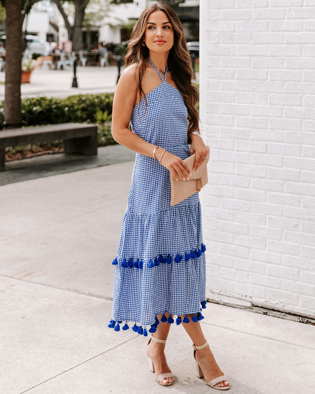 Pom Cotton Gingham Halter Midi Dress - Blue - SALE
