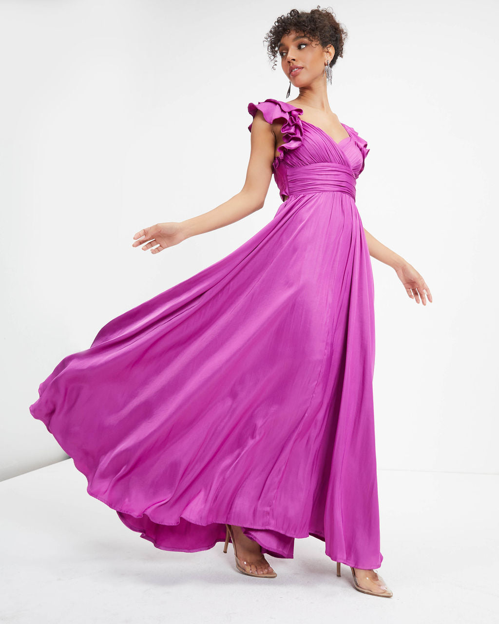 First Class Satin Ruffle Cutout Maxi Dress - Orchid - FINAL SALE