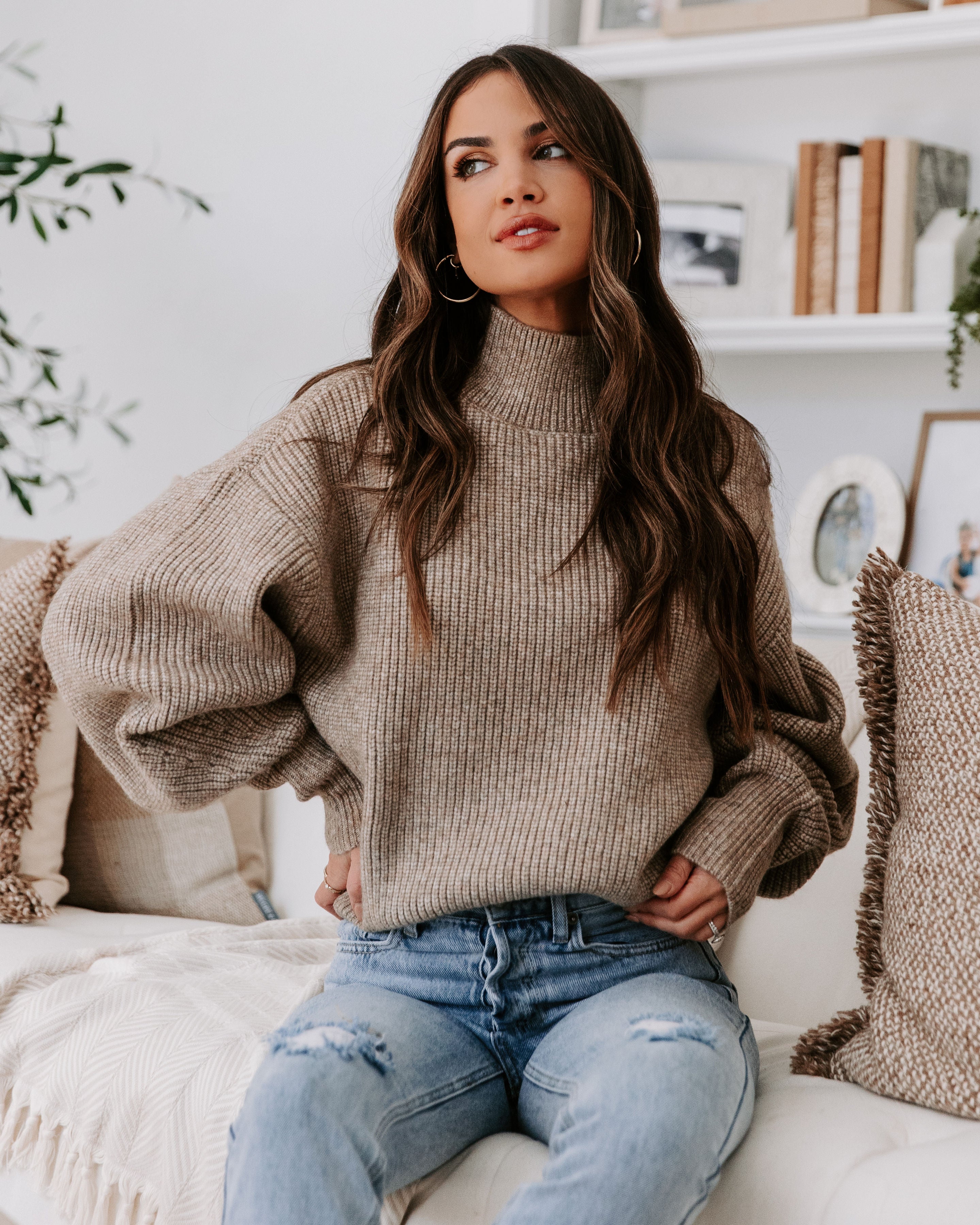 Khloe Knit Mock Neck Pullover Sweater - Taupe