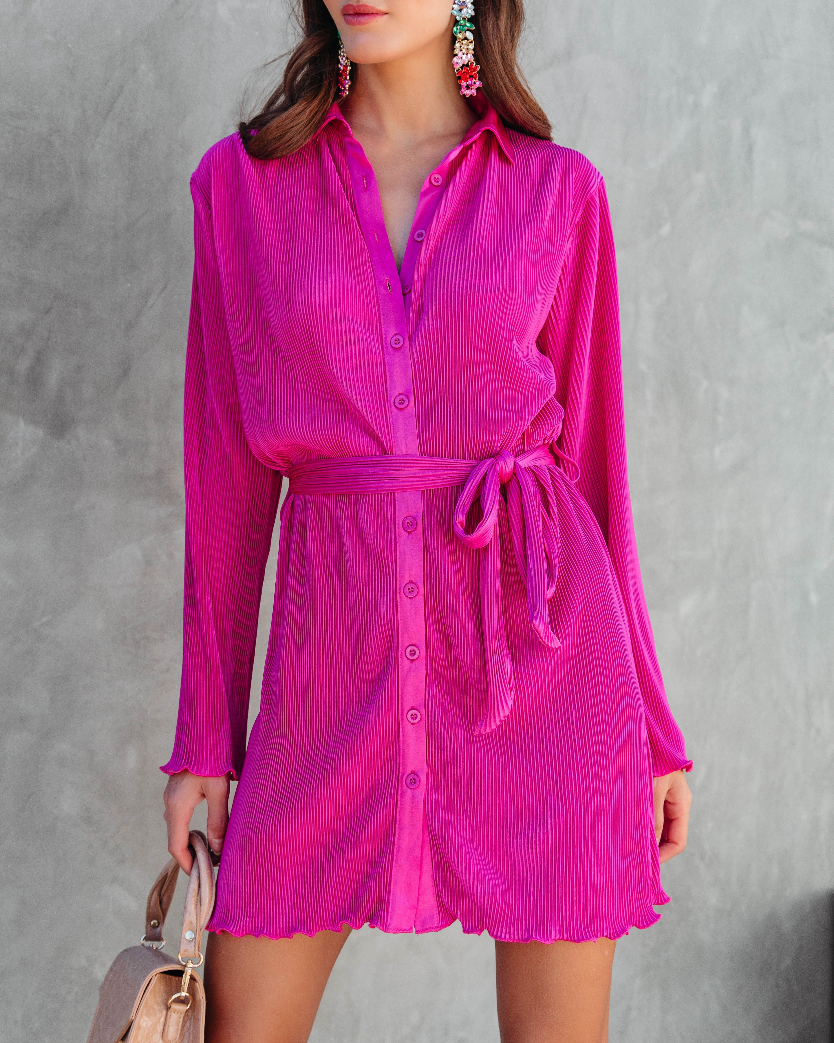 Stellar Vibes Plisse Button Down Shirt Dress - Magenta