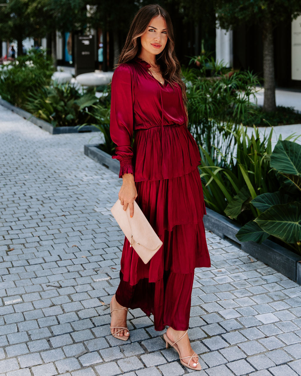 Villain Of My Heart Satin Tiered Maxi Dress - Wine