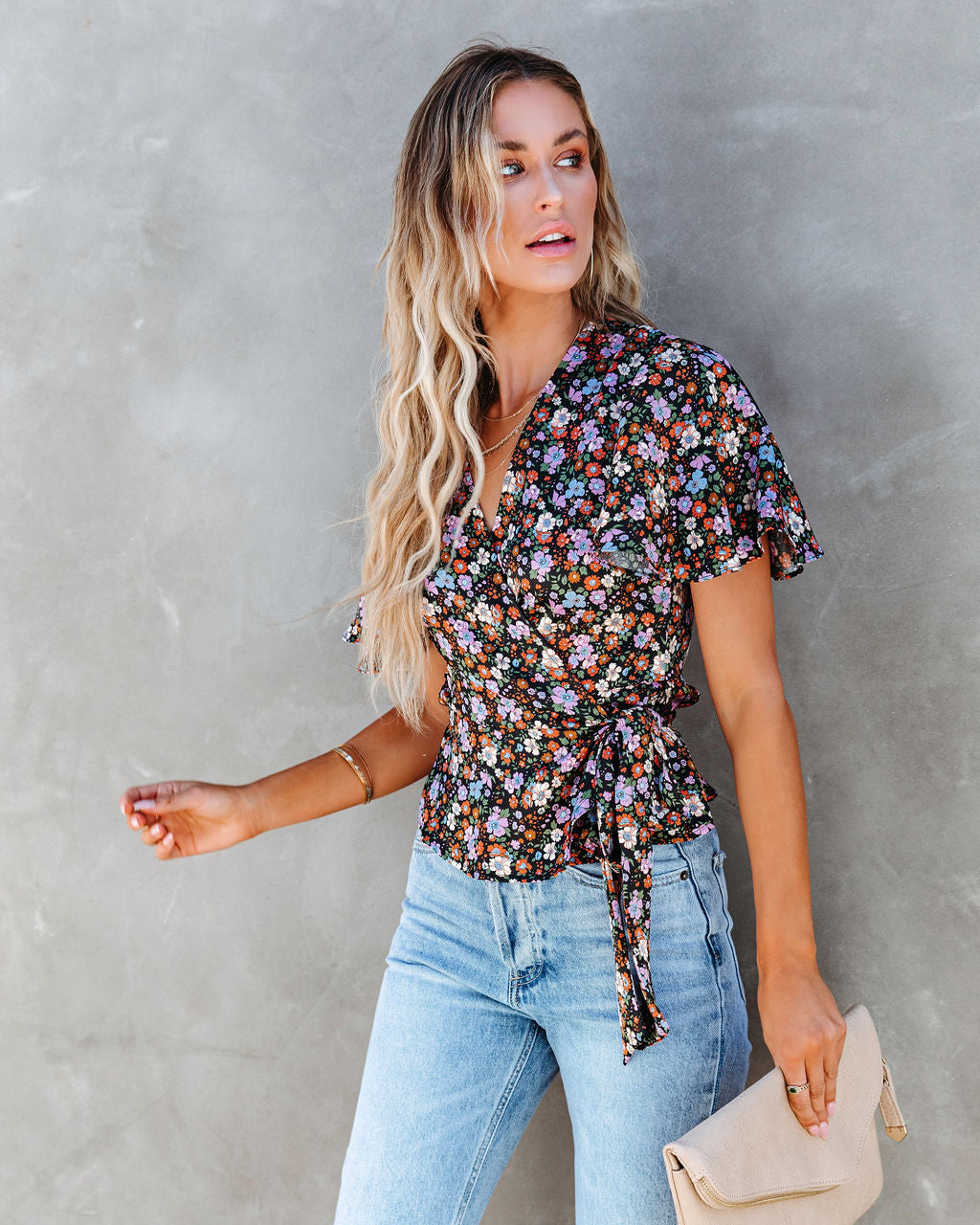 Retro Belle Floral Ruffle Wrap Top - SALE