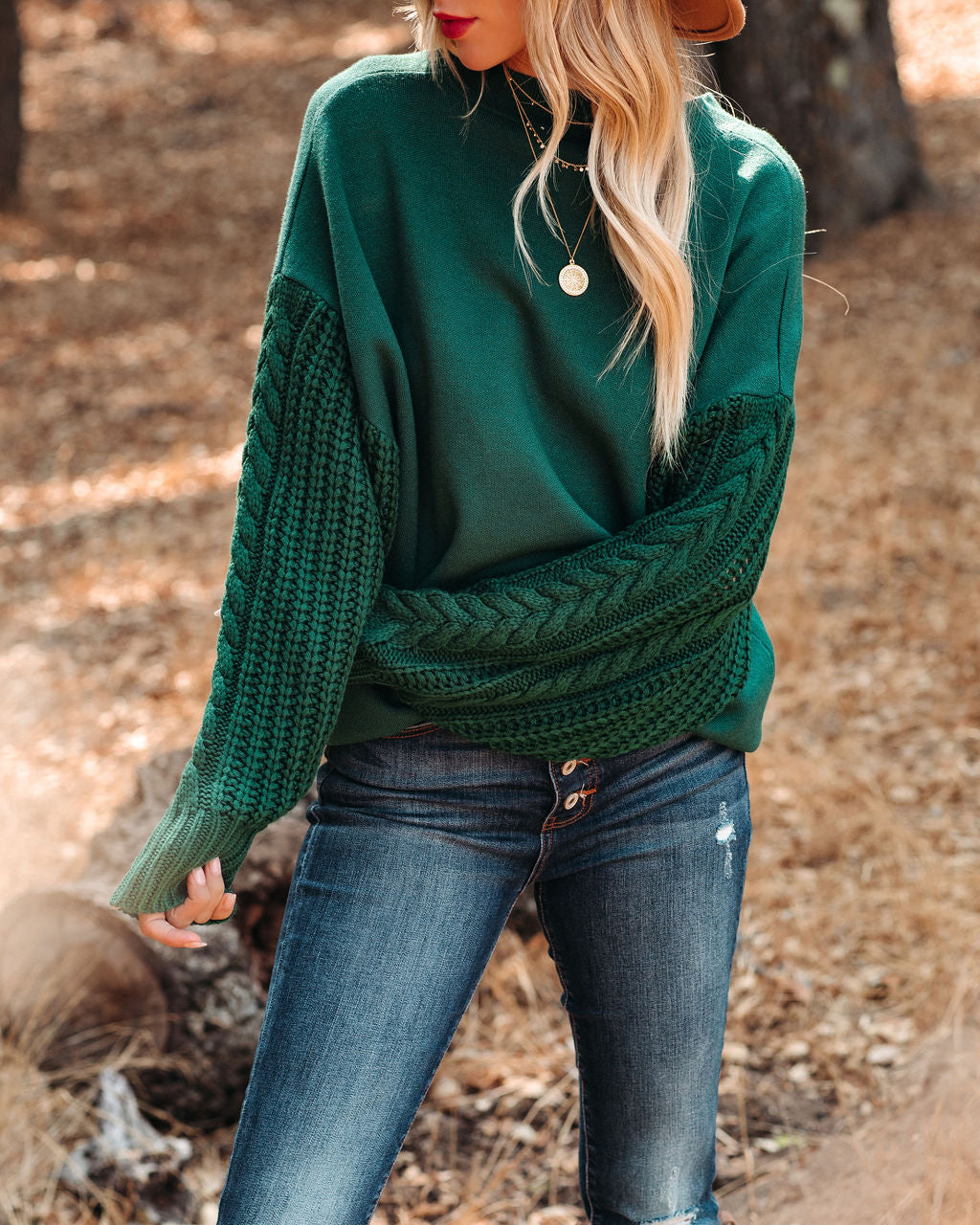 Luke Contrast Cable Knit Sweater - Hunter Green