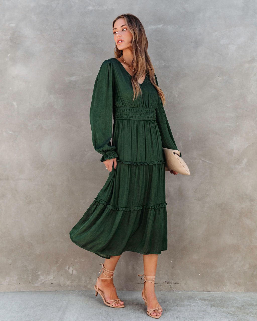 Monique Tiered Midi Dress - Forest Green