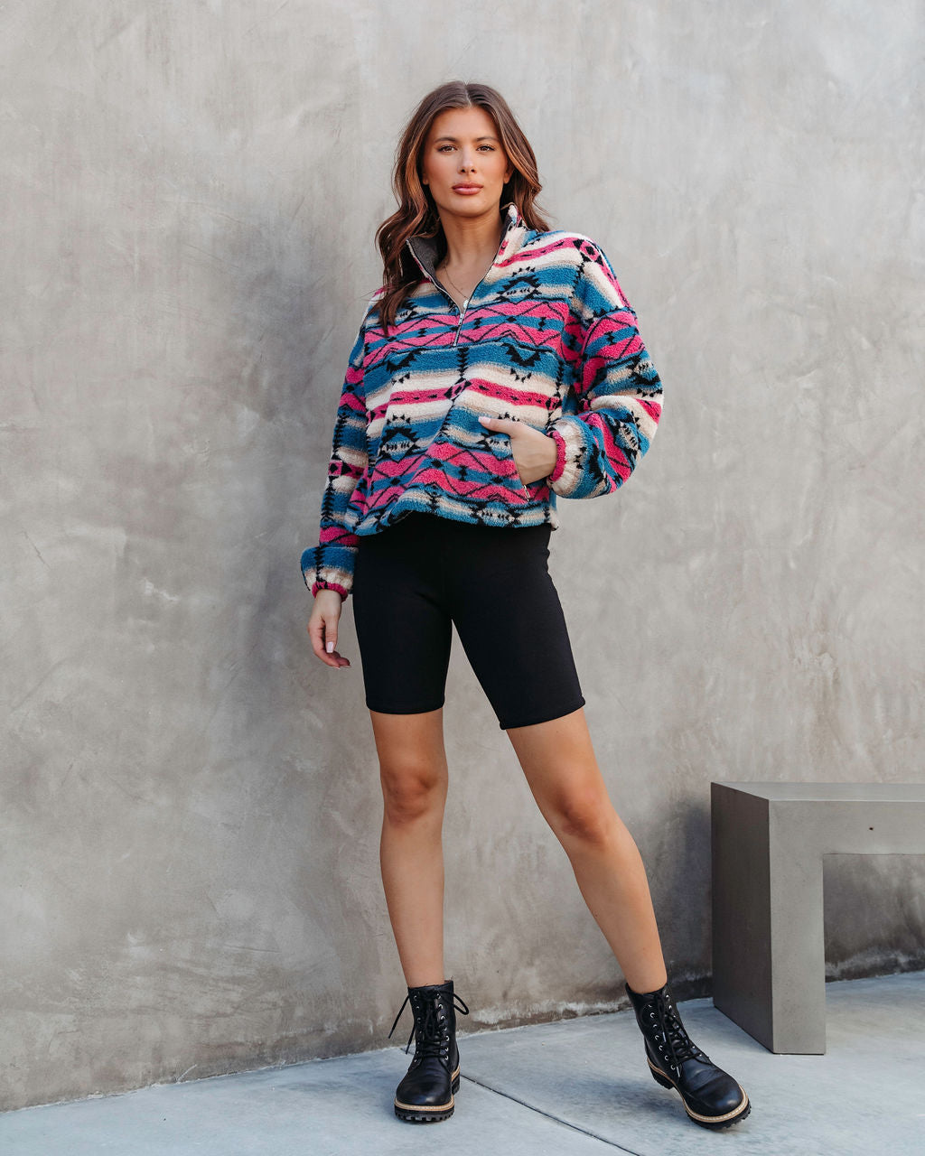 Sedona Pocketed Printed Half Zip Teddy Pullover Sweater