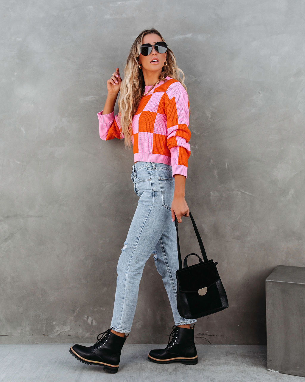 Morris Checkered Pullover Sweater - Pink/Orange Combo