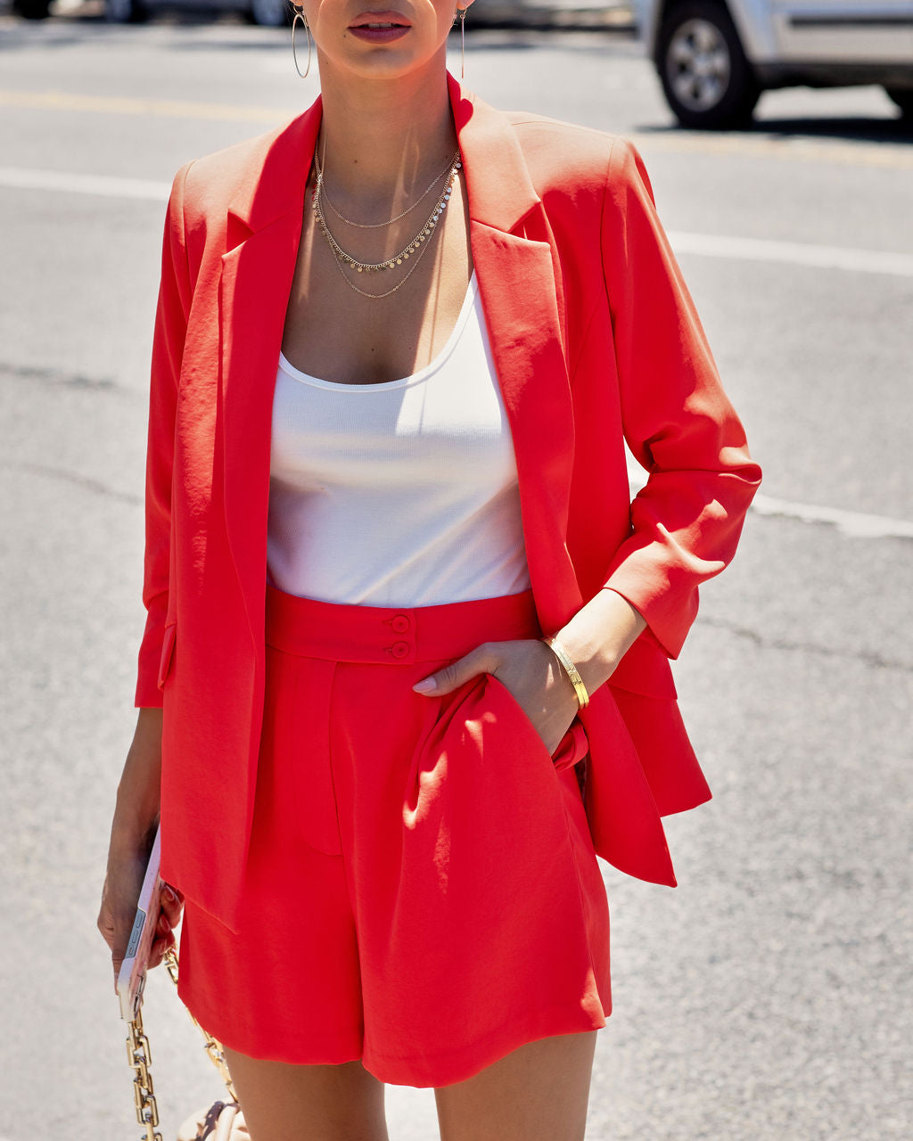 She Means Business Pocketed Blazer - Coral Red