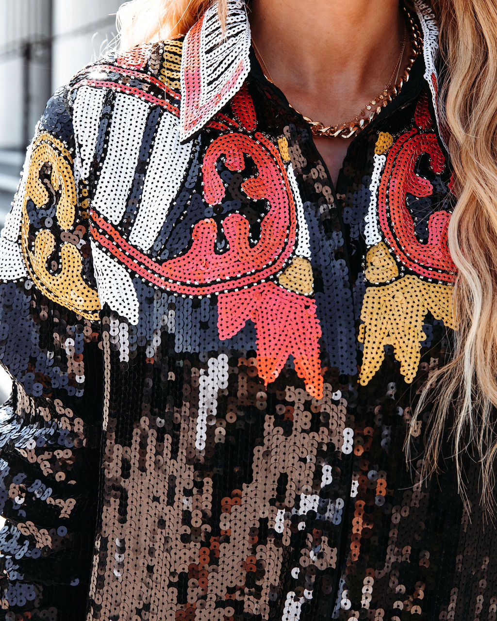 Eliza Embellished Sequin Button Down Top - Black