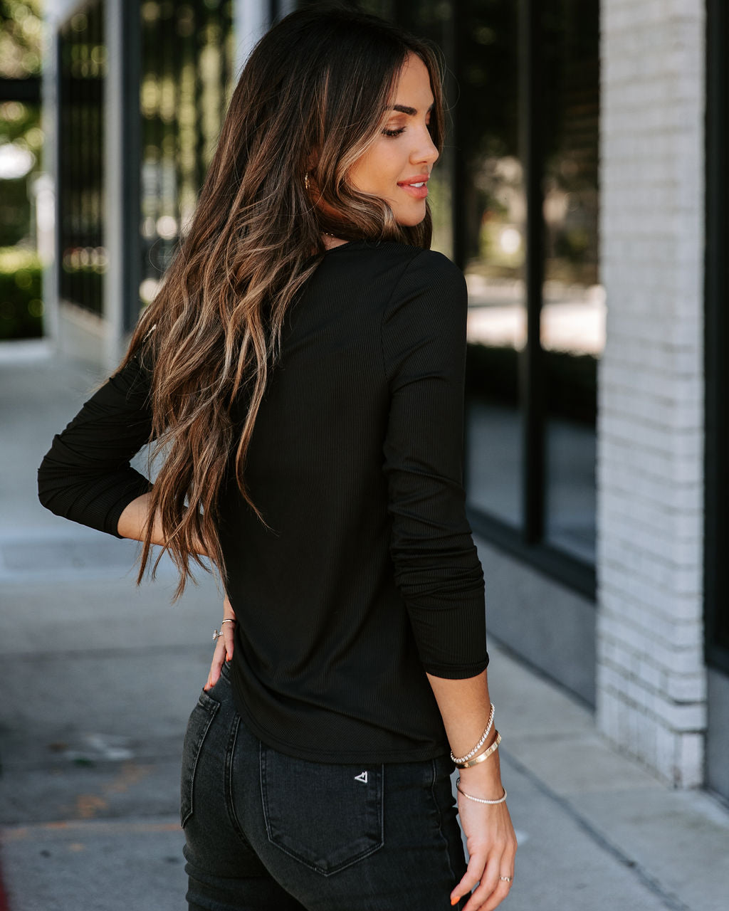Elm Ribbed Long Sleeve Top - Black