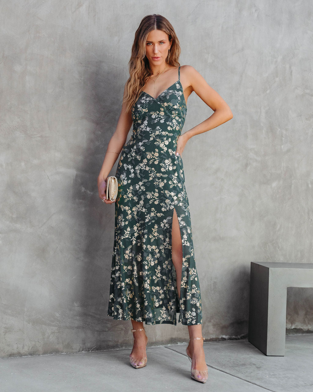 Earned It Floral Metallic Slit Maxi Dress - Green