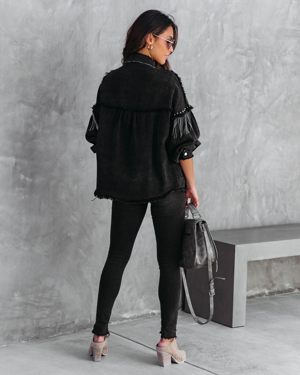 Knightly Pocketed Studded Fringe Lightweight Jacket - Black