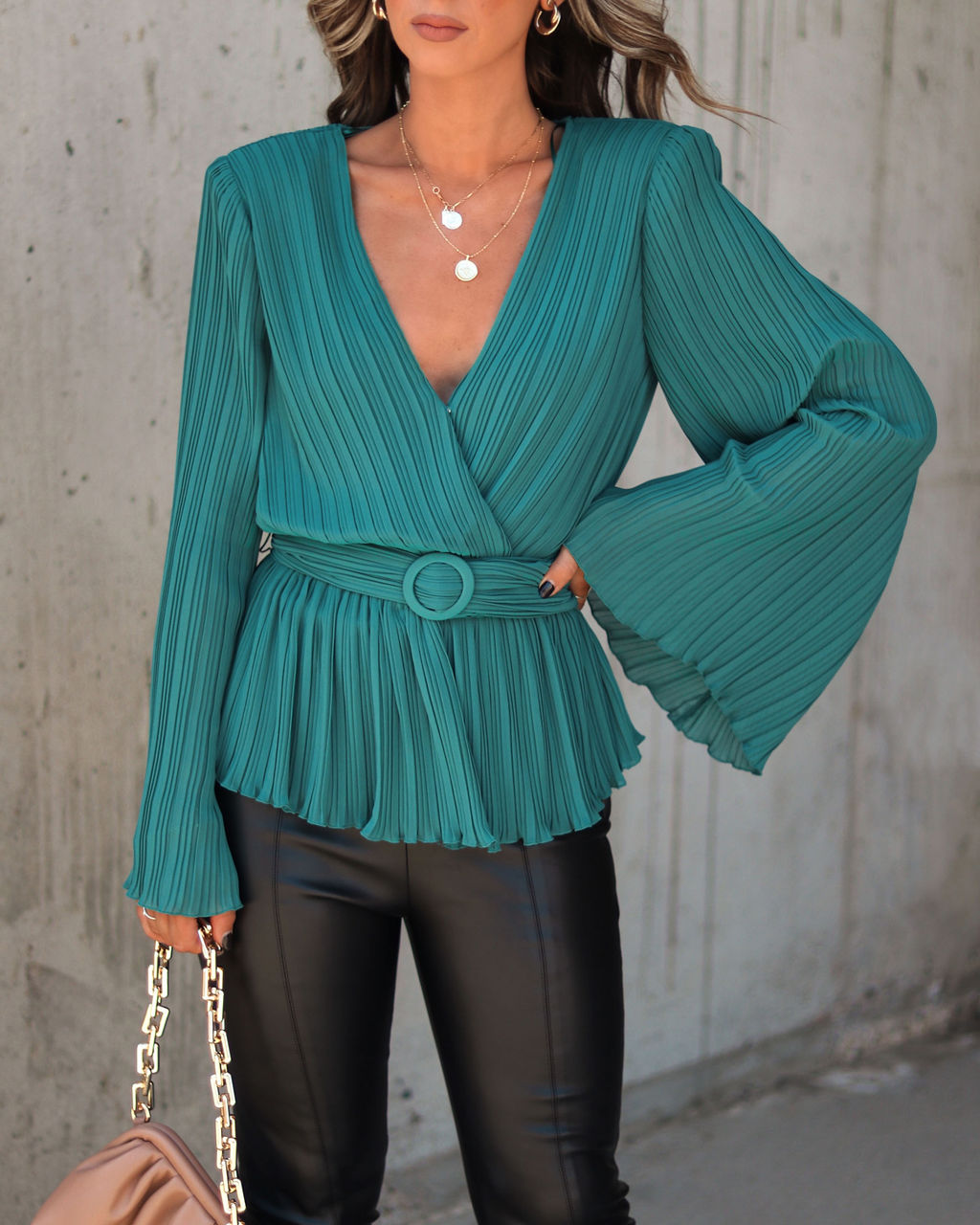 Everything And More Pleated Belted Blouse - Hunter Green