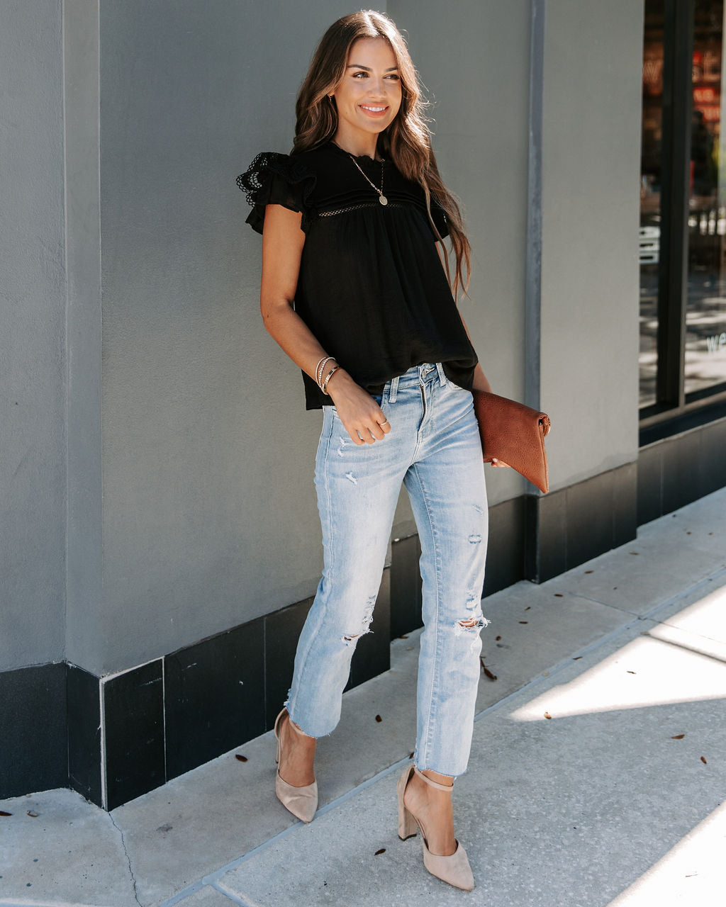 Meadow Crochet Ruffle Sleeve Top - Black