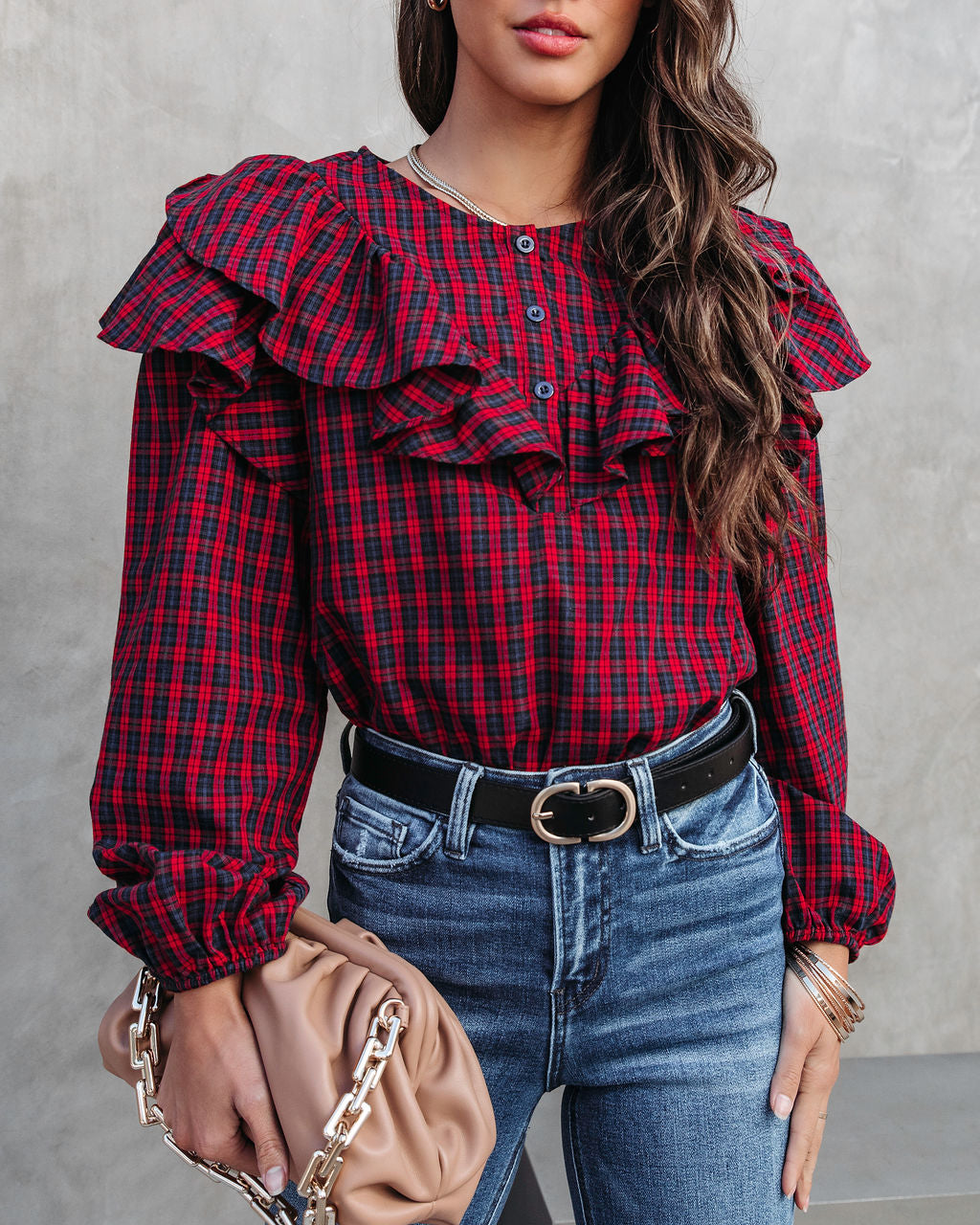 Clara Plaid Ruffle Long Sleeve Top - Red