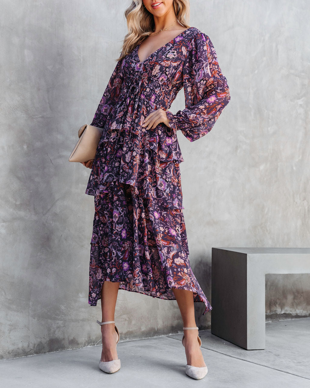 Maleah Floral Tiered Chiffon Midi Dress - Plum