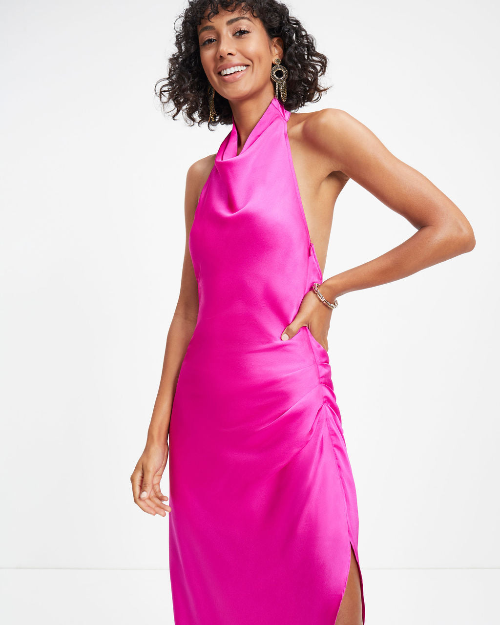 Havyn Satin Asymmetrical Halter Midi Dress - Fuchsia