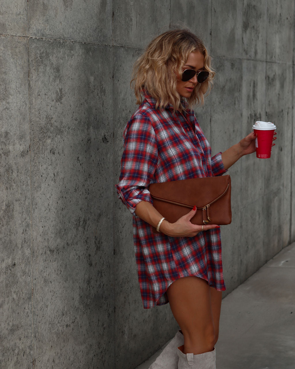 Averie Plaid Pocketed Shirt Dress - Red