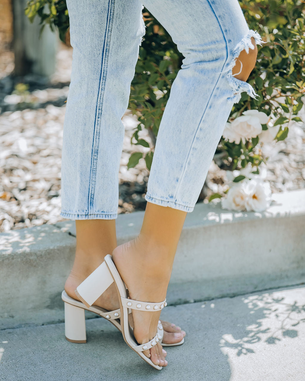 Aimee Studded Block Heeled Sandal - Beige - FINAL SALE