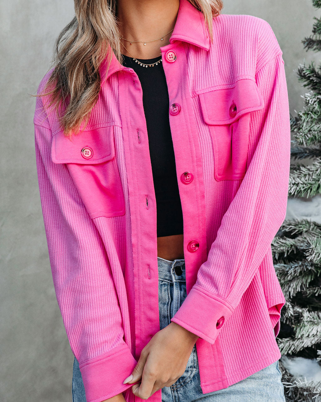 Tiffani Waffle Knit Button Down Top - Pink