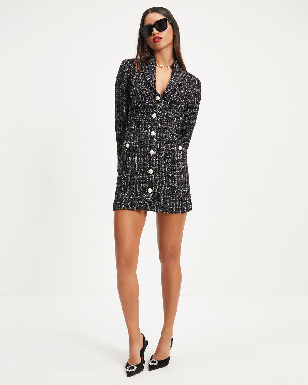 Catwalk Strut Tweed Pocketed Blazer Dress - Black