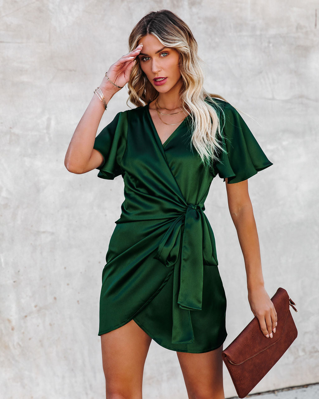 Frame Of Mind Satin Wrap Dress - Hunter Green