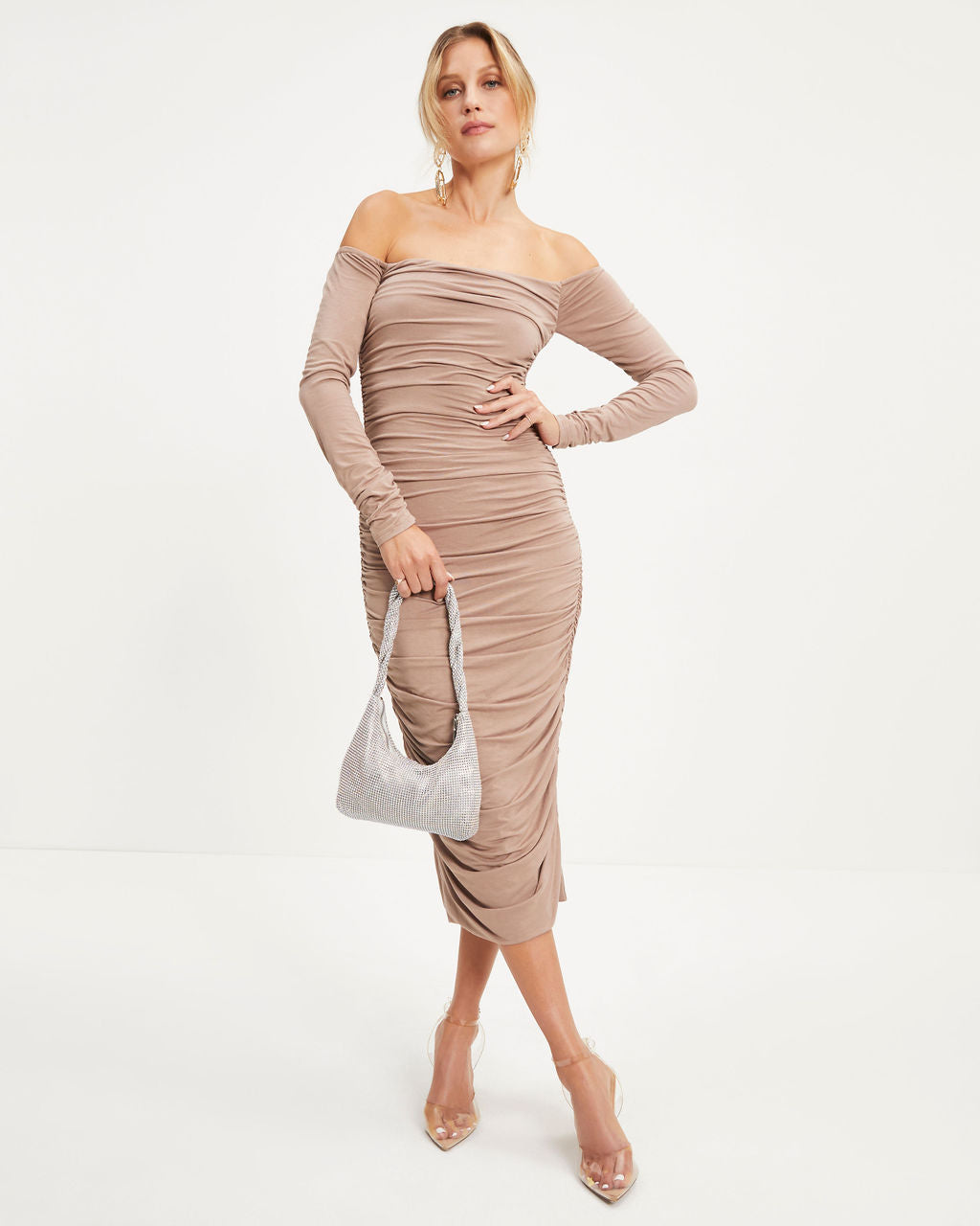 Twas The Night Drape Off The Shoulder Midi Dress - Taupe