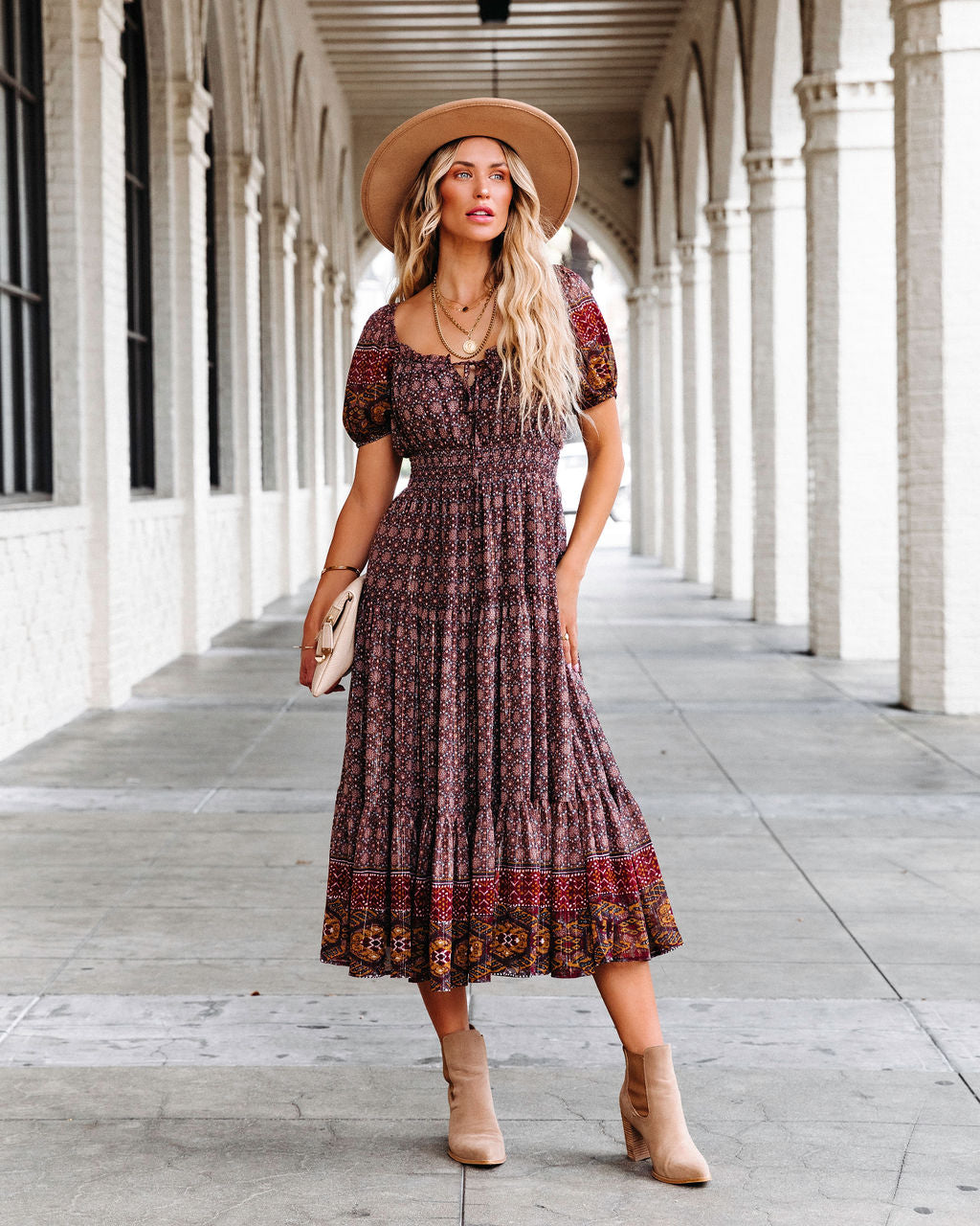 Harvest Moon Printed Tiered Puff Sleeve Midi Dress