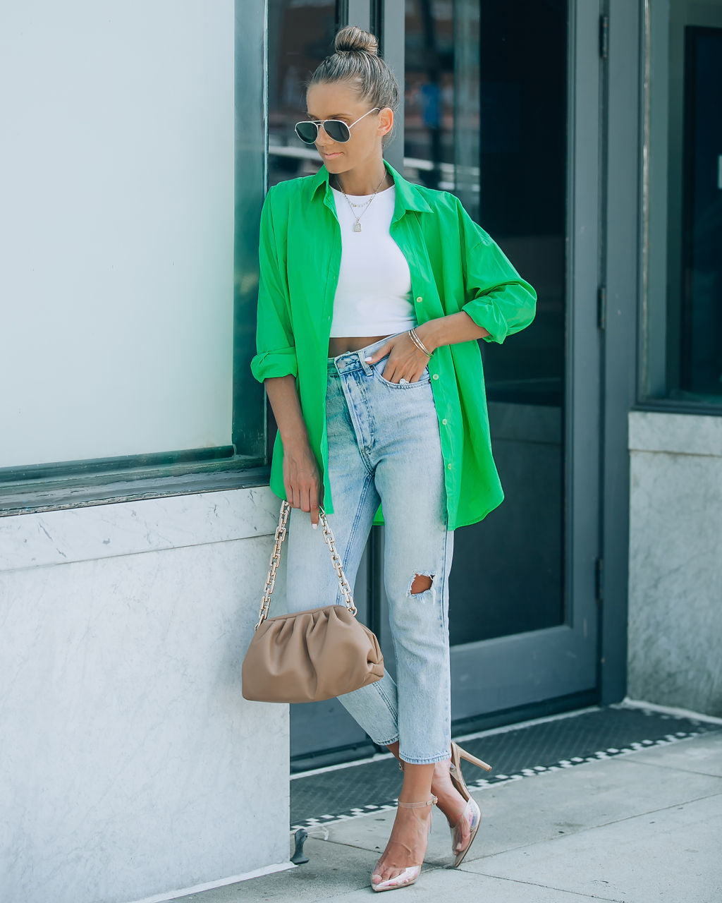 La Brisa Button Up Cotton Top - Kelly Green - SALE