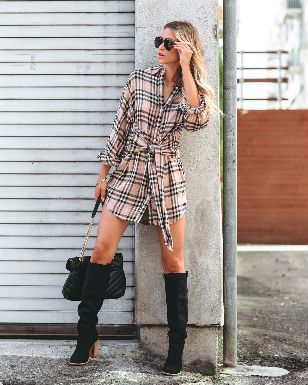Touch Of Plaid Front Tie Shirt Dress - Camel